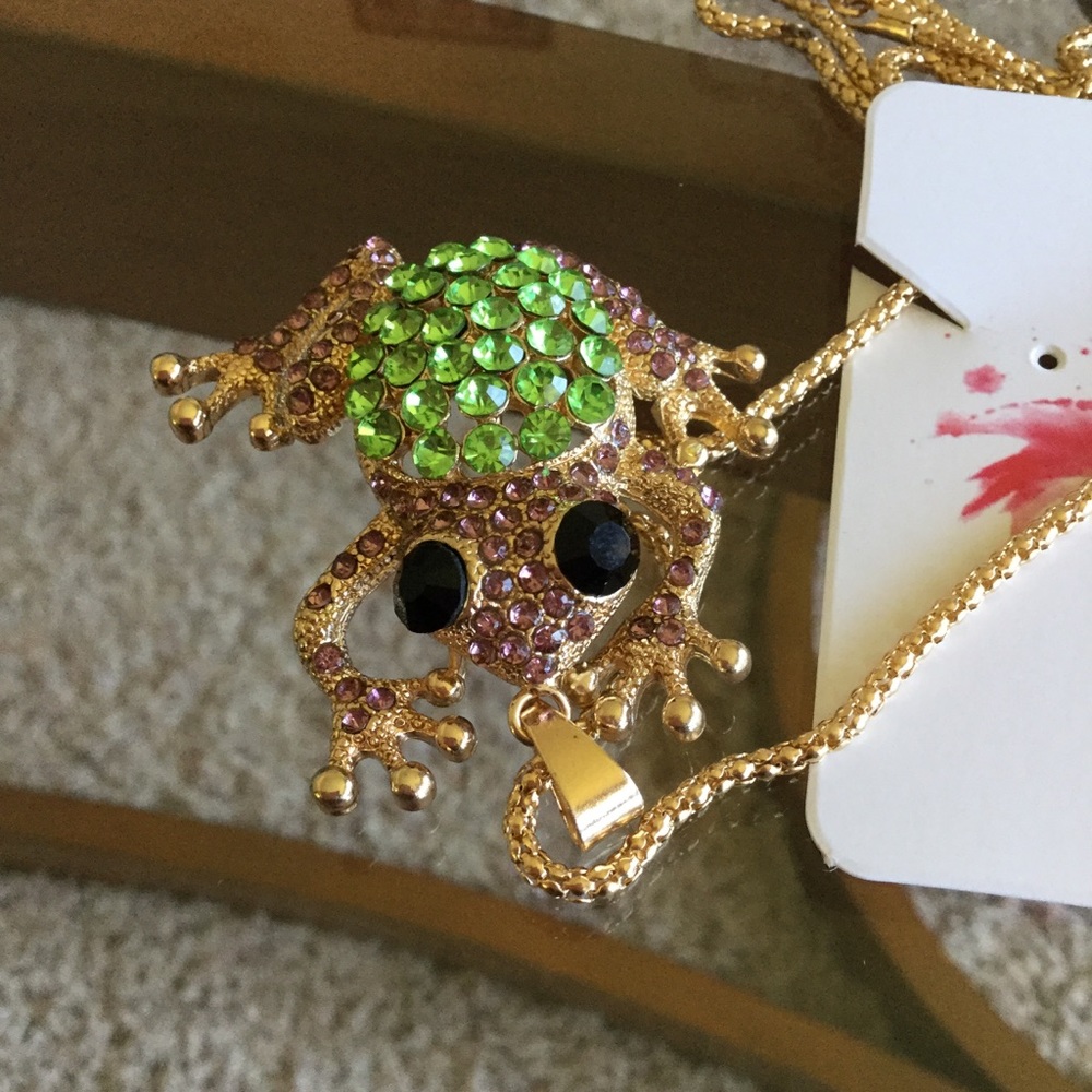 Gold Frog Necklace Gemstone Pendant